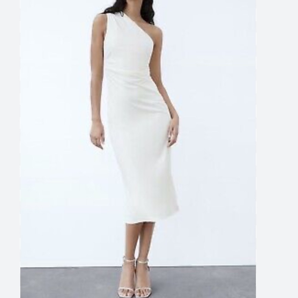 ZARA White Asymmetrical One Shoulder Sleeveless Wedding Midi Dress XS NWOT